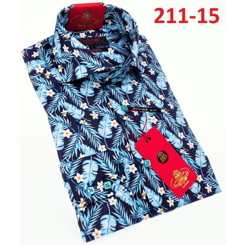 Axxess Navy / Light Blue Flower Design Cotton Modern Fit Dress Shirt With Button Cuff 211-15.